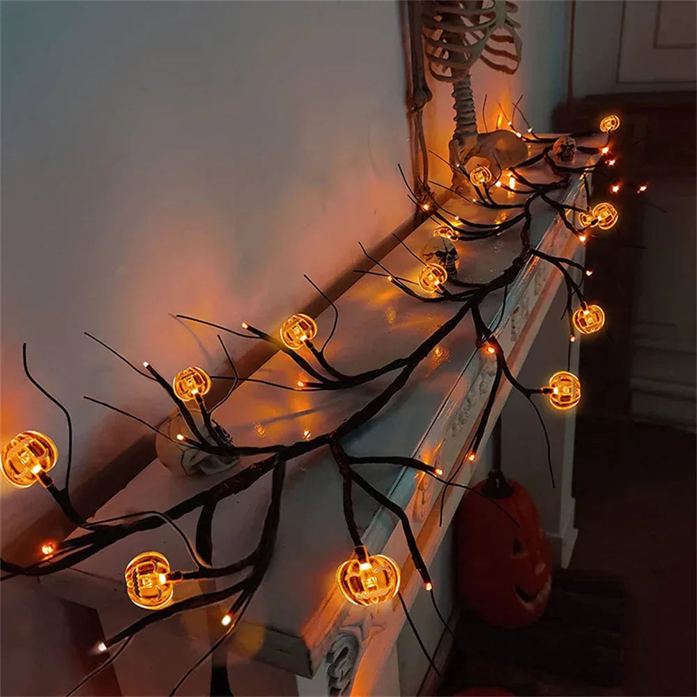 Halloween Willow Vine LED String Lights – Bat & Pumpkin Decor
