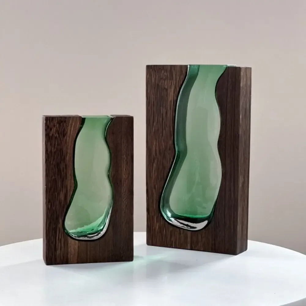 Wooden Frame Glass Vase – Modern Hydroponic Flower Decor