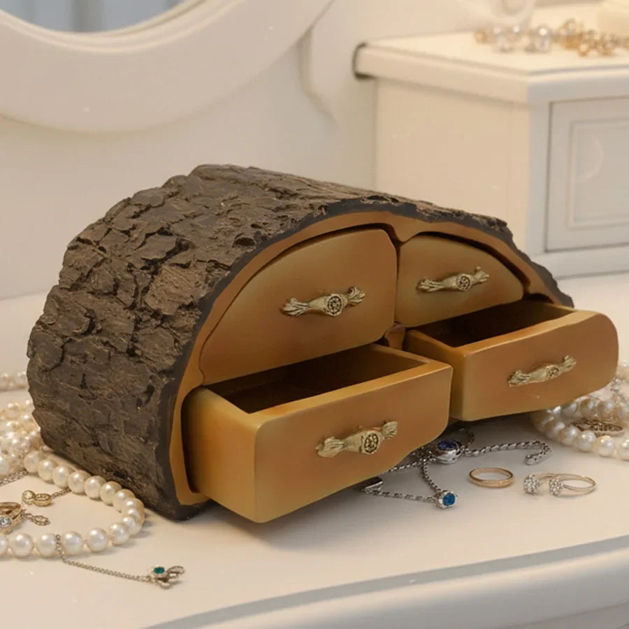 Tree Stump Jewelry Box – Rustic Resin Organizer with 4 Drawers