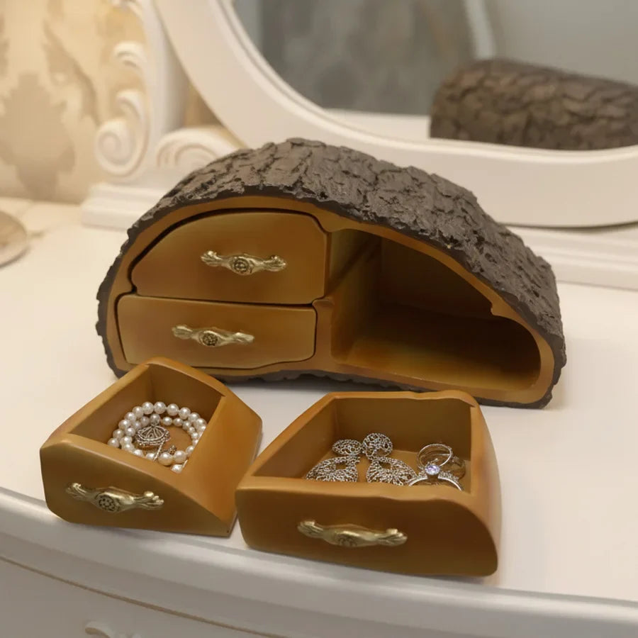 Tree Stump Jewelry Box – Rustic Resin Organizer with 4 Drawers