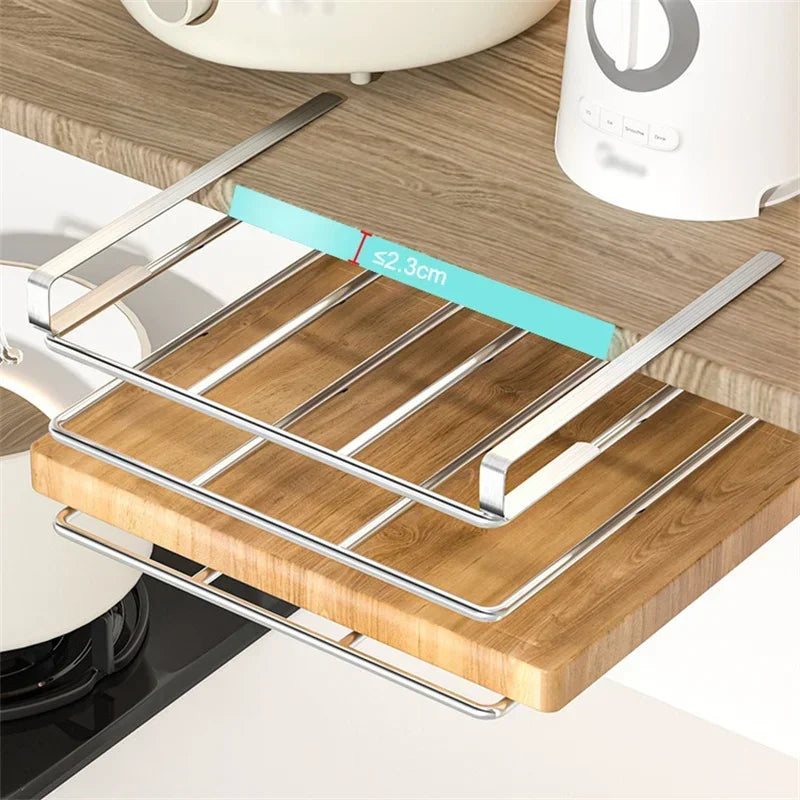 Stainless Steel Under-Cabinet Hanging Rack – Paper Towel & Cutting Board Holder