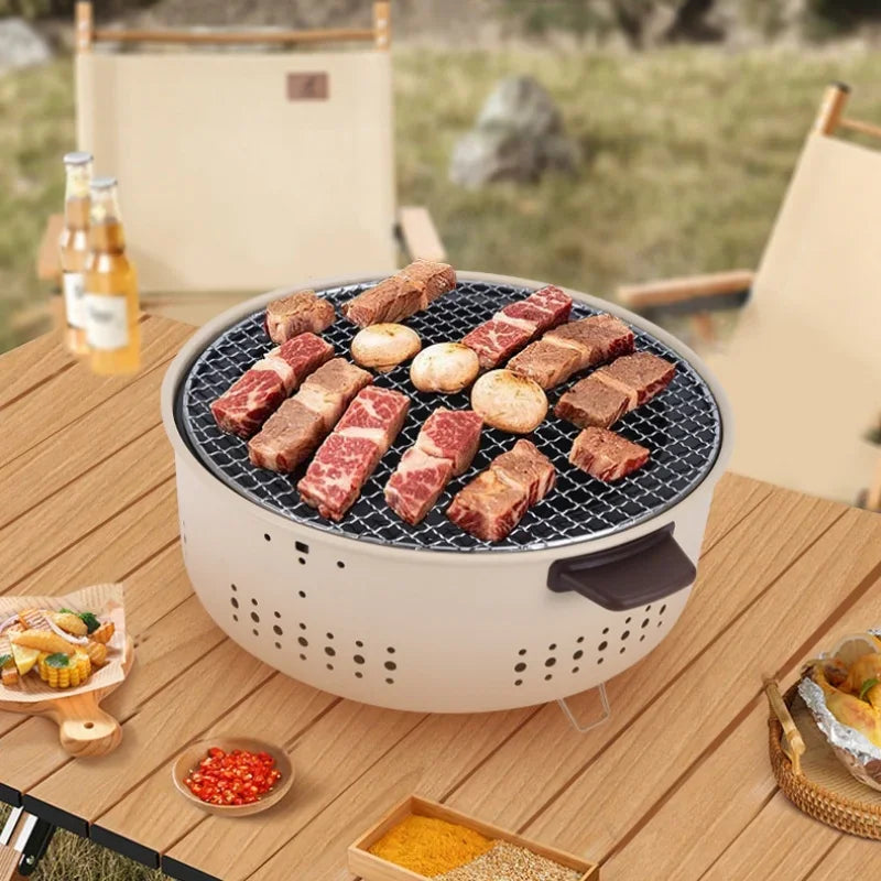 Portable Korean Charcoal BBQ Grill – Non-Stick Round Stainless Steel Stove