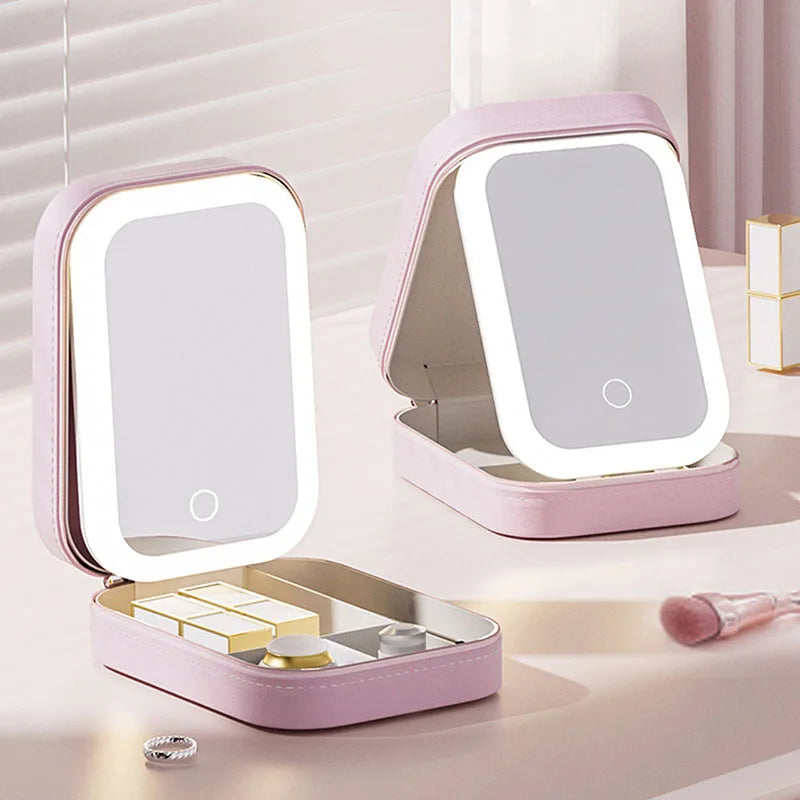 LED Makeup Bag with Mirror – PU Leather Cosmetic Travel Case