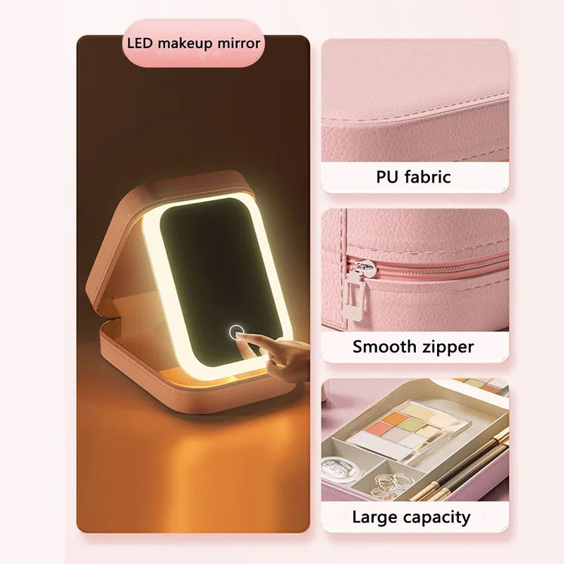 LED Makeup Bag with Mirror – PU Leather Cosmetic Travel Case