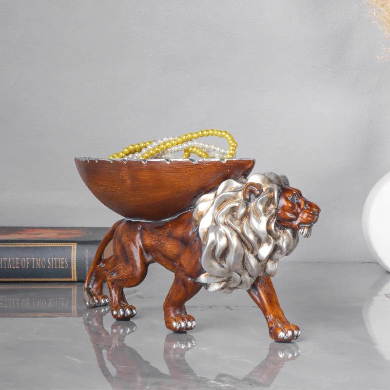 Lion Storage Sculpture – Wood-Finish Resin Decorative Tray