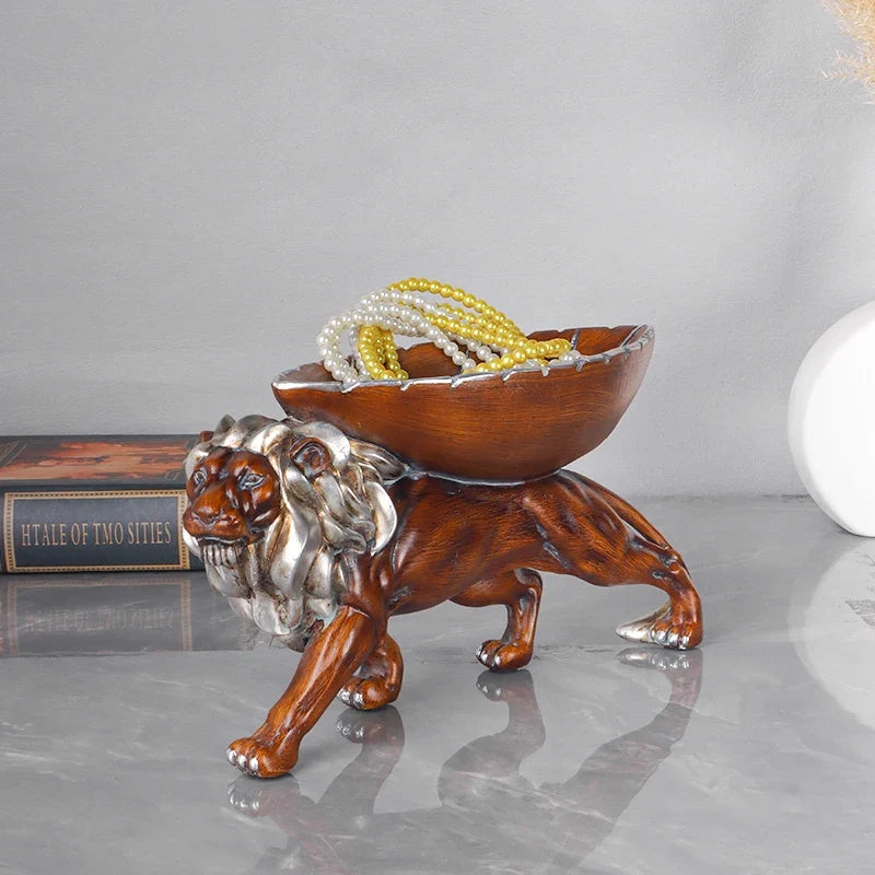 Lion Storage Sculpture – Wood-Finish Resin Decorative Tray