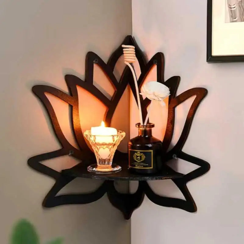 Lotus Hollow Wooden Corner Shelf – Bohemian Wall-Mounted Crystal & Oil Rack