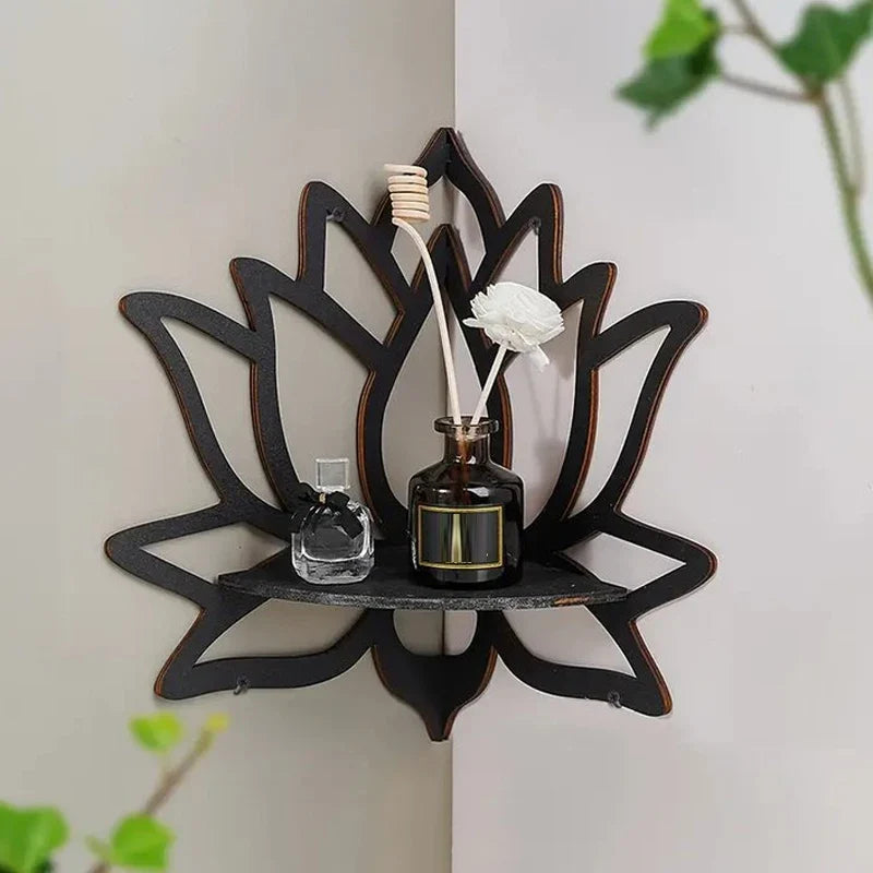 Lotus Hollow Wooden Corner Shelf – Bohemian Wall-Mounted Crystal & Oil Rack