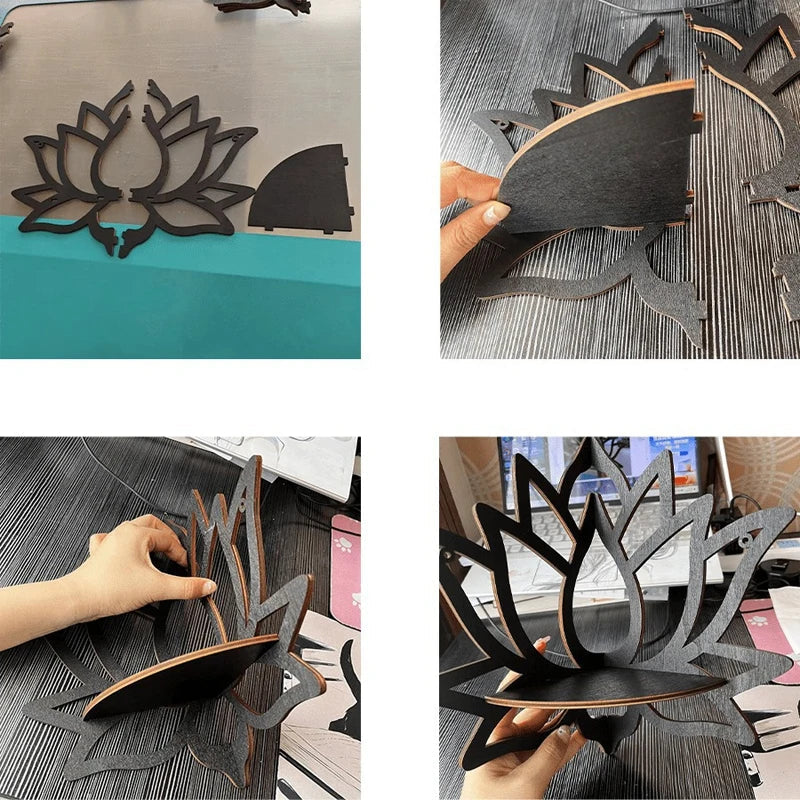 Lotus Hollow Wooden Corner Shelf – Bohemian Wall-Mounted Crystal & Oil Rack
