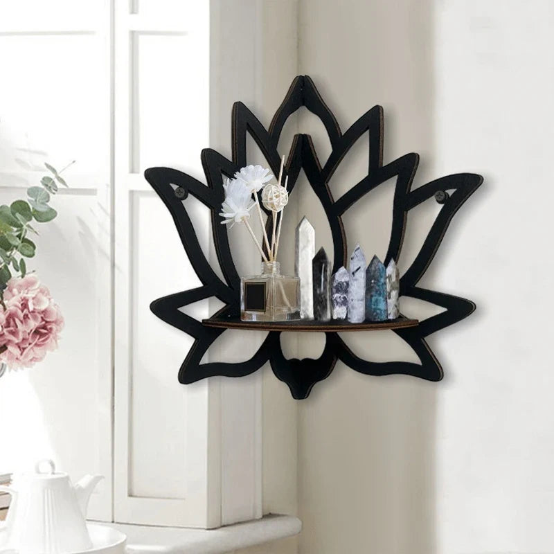 Lotus Hollow Wooden Corner Shelf – Bohemian Wall-Mounted Crystal & Oil Rack