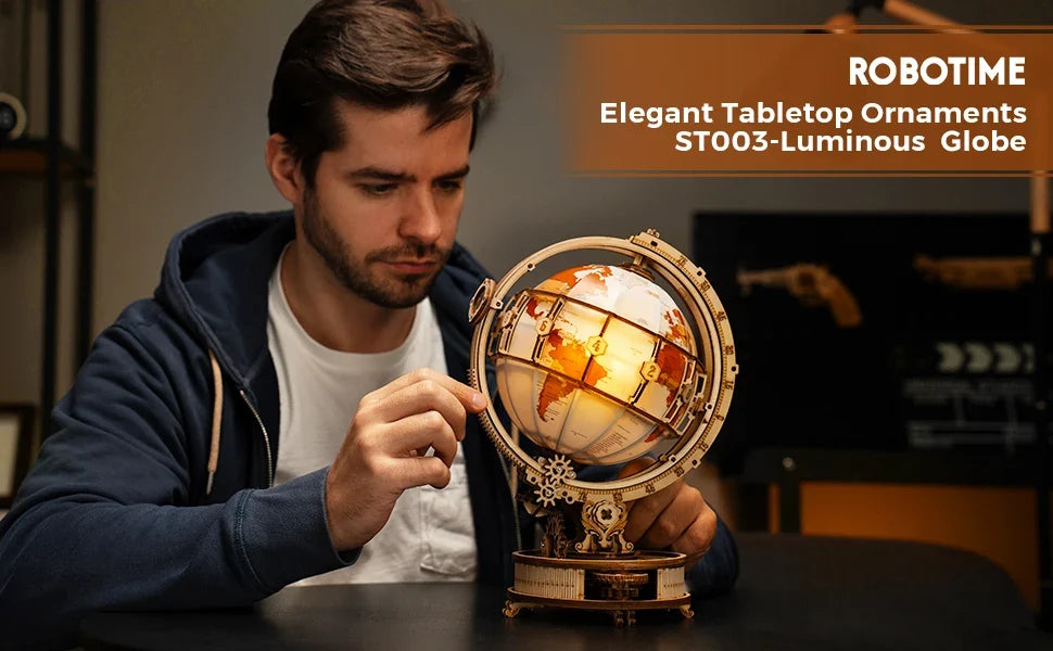 Luminous Globe 3D Wooden Puzzle - LED Rotating World Model Kit
