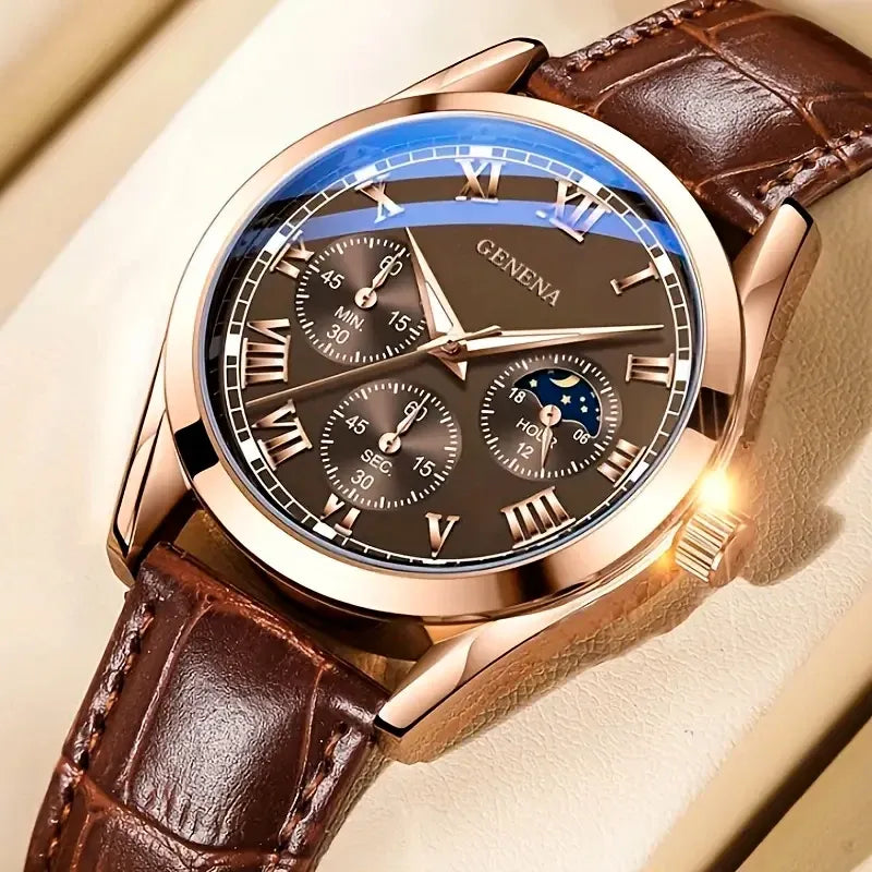 Men's Business Casual Quartz Watch – Alloy Case & Leather Roman Numeral Dial