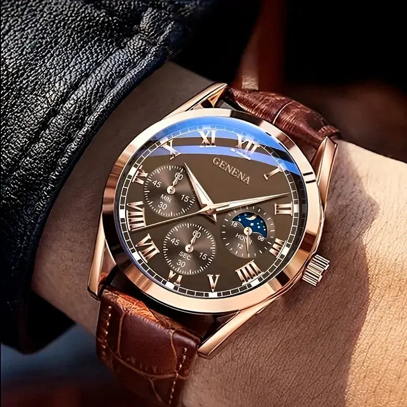 Men's Business Casual Quartz Watch – Alloy Case & Leather Roman Numeral Dial