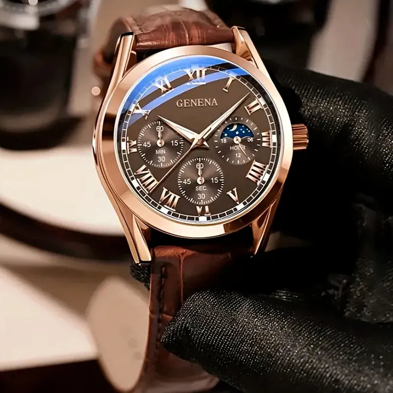 Men's Business Casual Quartz Watch – Alloy Case & Leather Roman Numeral Dial