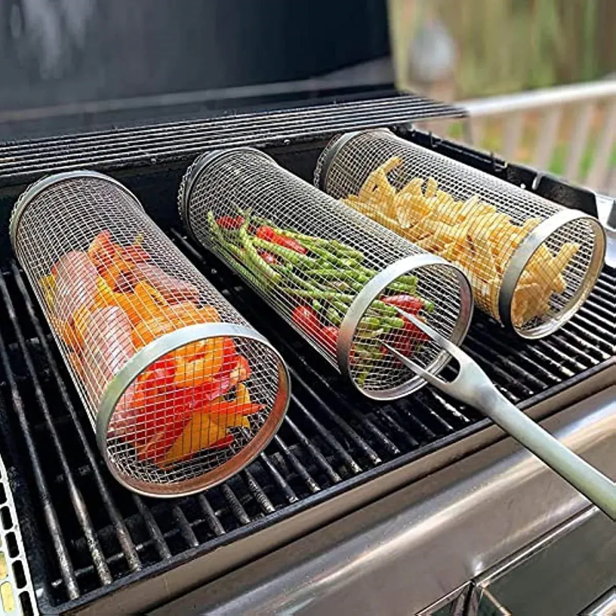 Rolling BBQ Grill Basket 304 Stainless Steel Leak-Proof Mesh Griller