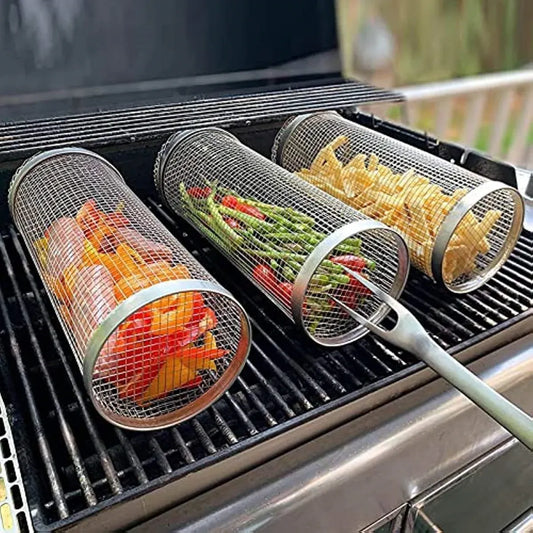 Rolling BBQ Grill Basket 304 Stainless Steel Leak-Proof Mesh Griller