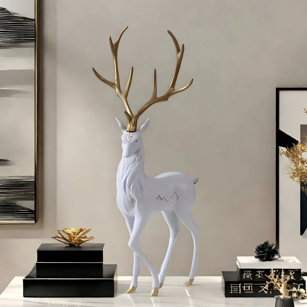 Modern Deer Sculpture Set – Elegant White & Gold Accent Pair