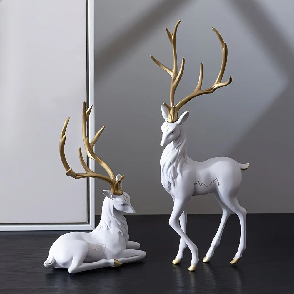 Modern Deer Sculpture Set – Elegant White & Gold Accent Pair