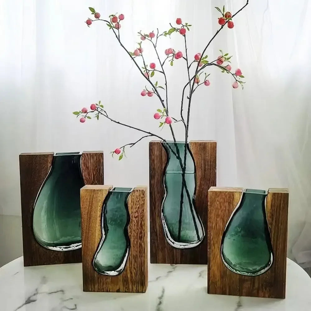 Wooden Frame Glass Vase – Modern Hydroponic Flower Decor