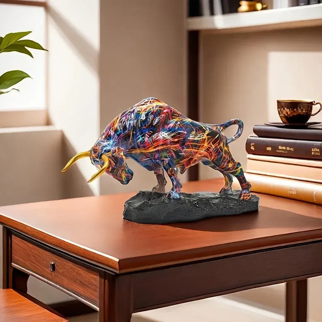 Colorful Charging Bull Sculpture – Resin Wall Street Decor