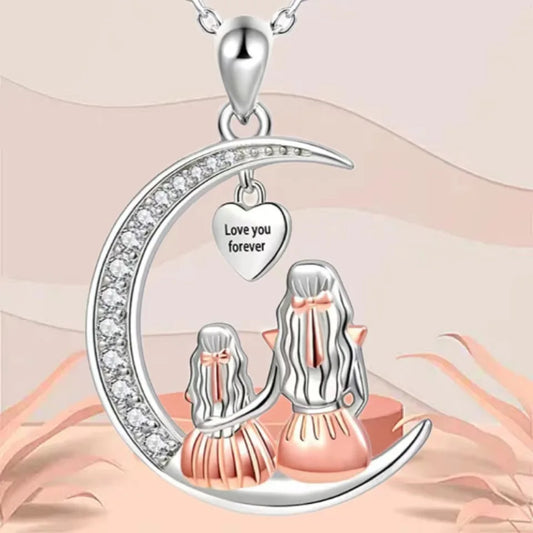 Mom & Daughter Moon Pendant Necklace – Love You Forever Heart Jewelry Gift