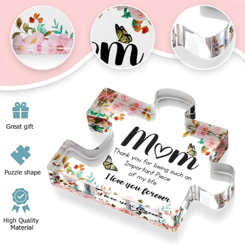 Mom Puzzle Piece Acrylic Block – Engraved Sentimental Gift Son or Daughter