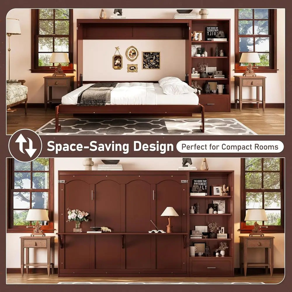 Walnut Queen Horizontal Murphy Bed Wall Bed with Desk & Movable Cabinet