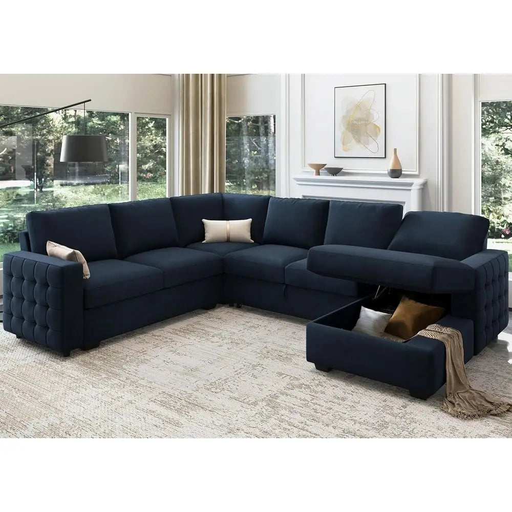 Velvet Blue U-Shaped Sleeper Sofa 6-Seat Sectional with Storage Chaise