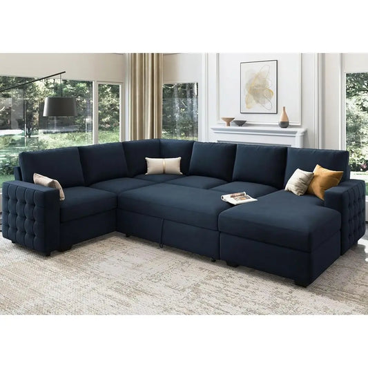 Velvet Blue U-Shaped Sleeper Sofa 6-Seat Sectional with Storage Chaise