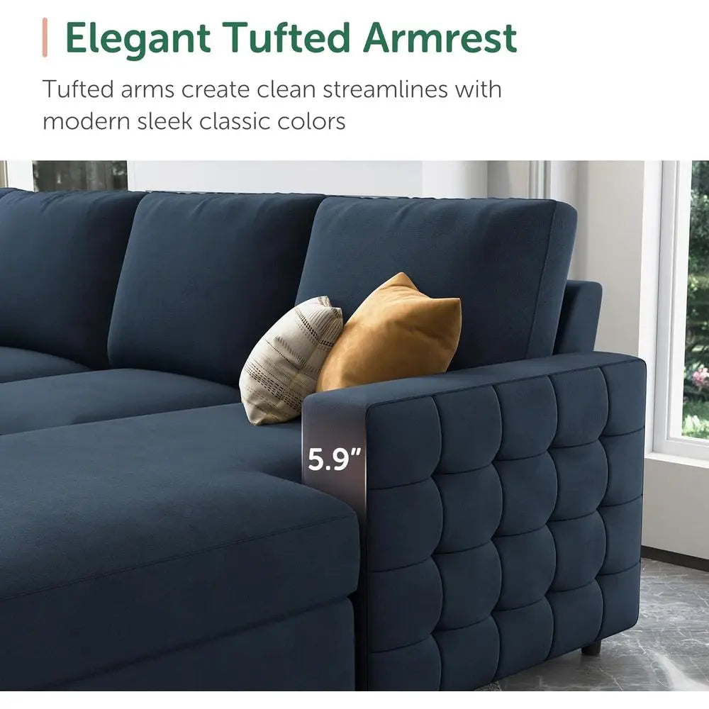 Velvet Blue U-Shaped Sleeper Sofa 6-Seat Sectional with Storage Chaise
