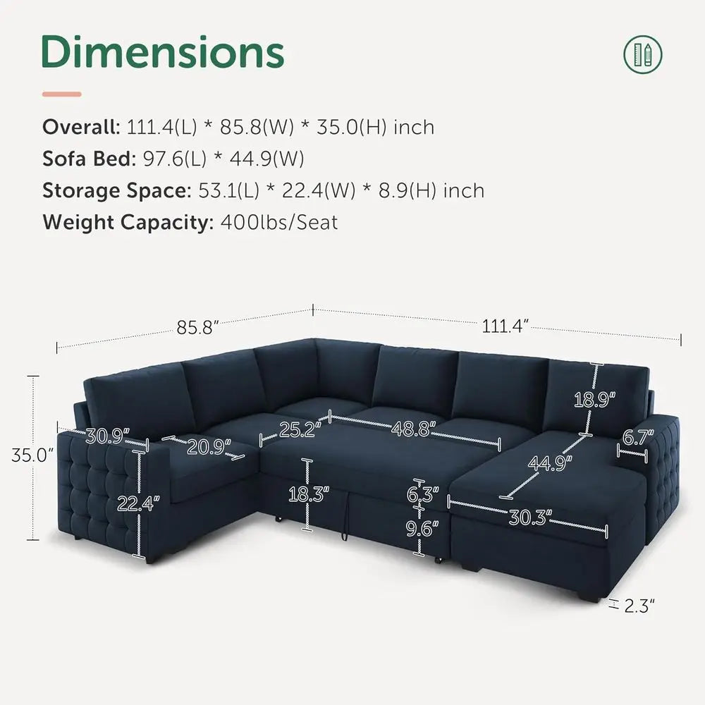 Velvet Blue U-Shaped Sleeper Sofa 6-Seat Sectional with Storage Chaise