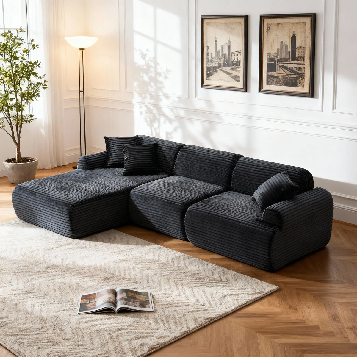 Oversized L-Shaped Modular Sofa Pet-Friendly Faux Leather & Corduroy