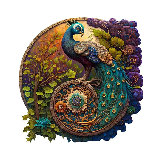 Round Peacock Wooden Jigsaw Puzzle – Irregular Animal Shaped