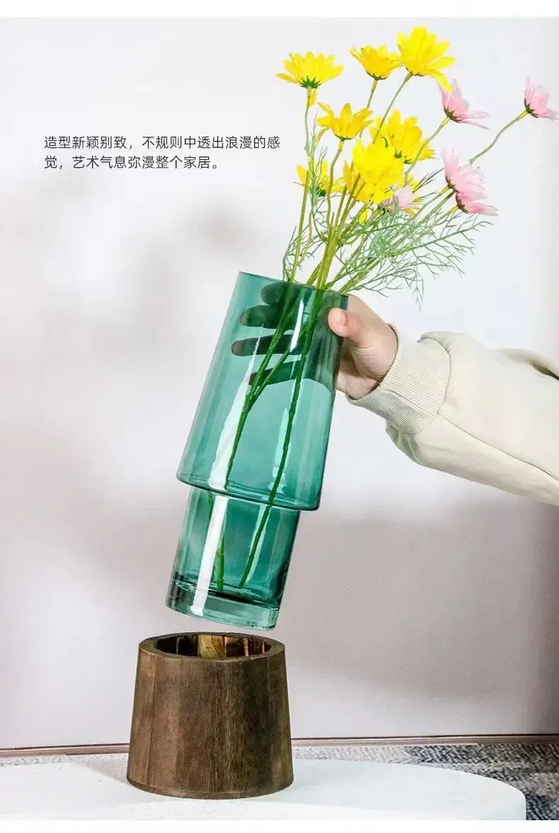 Nordic Glass Vase – Wooden Base Hydroponic Tabletop Decor