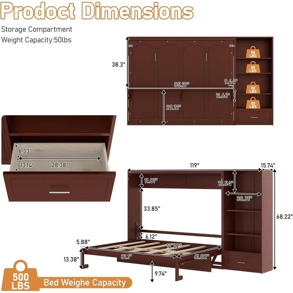 Walnut Queen Horizontal Murphy Bed Wall Bed with Desk & Movable Cabinet