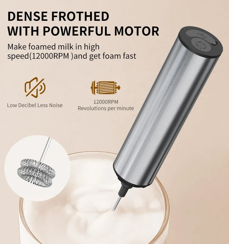 Rechargeable Electric Milk Frother – Stainless Steel Handheld Foam Maker