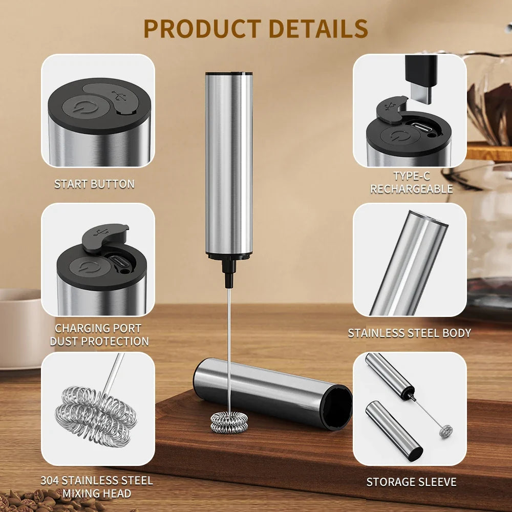 Rechargeable Electric Milk Frother – Stainless Steel Handheld Foam Maker