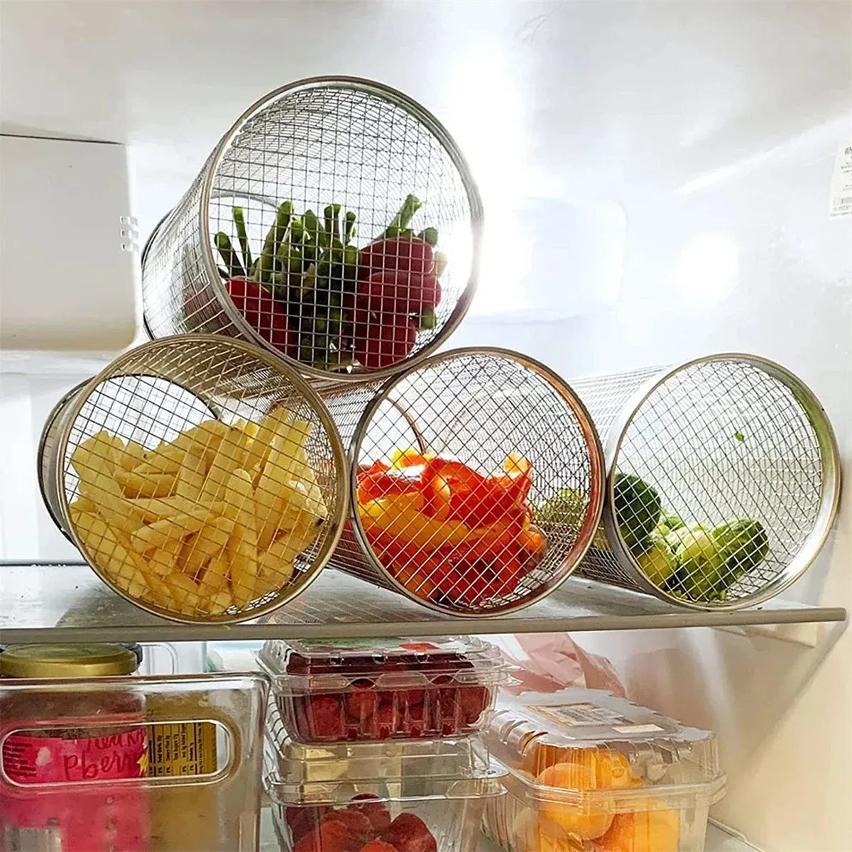 Rolling BBQ Grill Basket 304 Stainless Steel Leak-Proof Mesh Griller