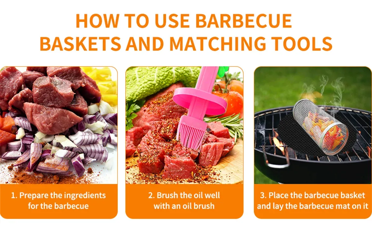 Rolling BBQ Grill Basket 304 Stainless Steel Leak-Proof Mesh Griller