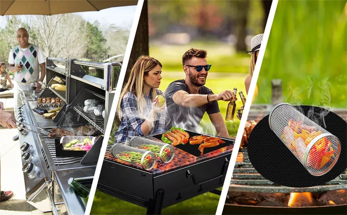 Rolling BBQ Grill Basket 304 Stainless Steel Leak-Proof Mesh Griller