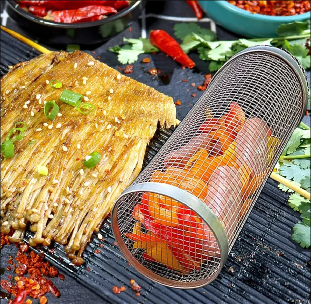 Rolling BBQ Grill Basket 304 Stainless Steel Leak-Proof Mesh Griller