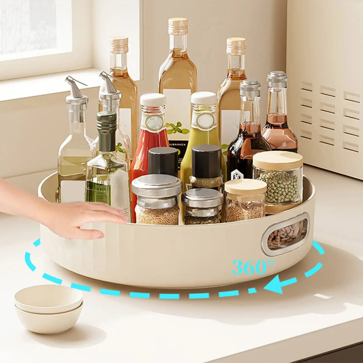 White Rotating Round Tray - 28cm Kitchen Turntable with Handles