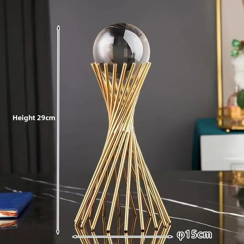 Golden Geometric Crystal Ball Statue Handmade Iron Desk Sculpture Decor