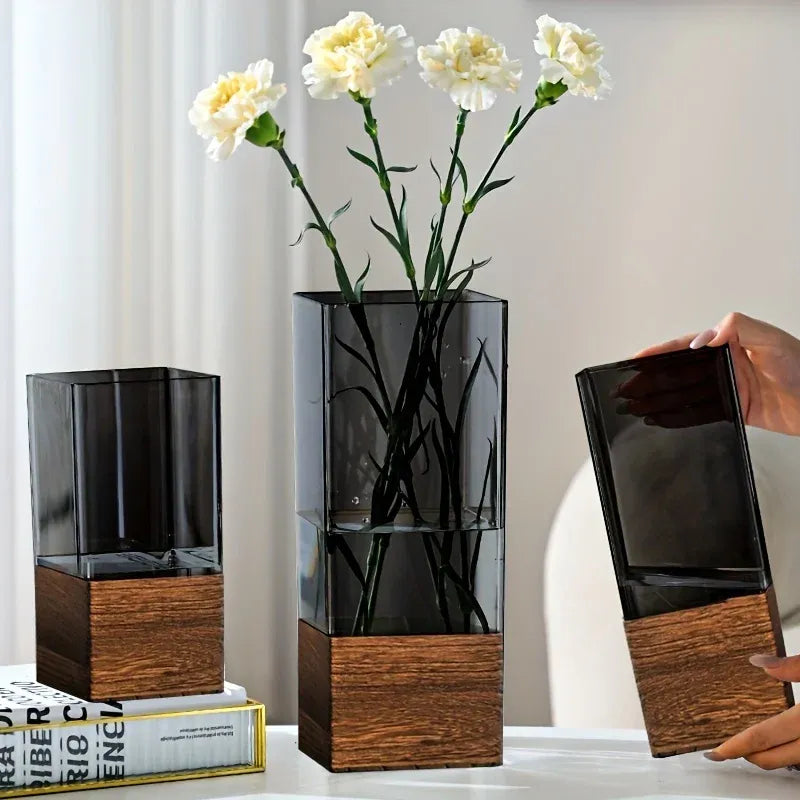 Nordic Acrylic Vase with Wooden Base – Tabletop Decor