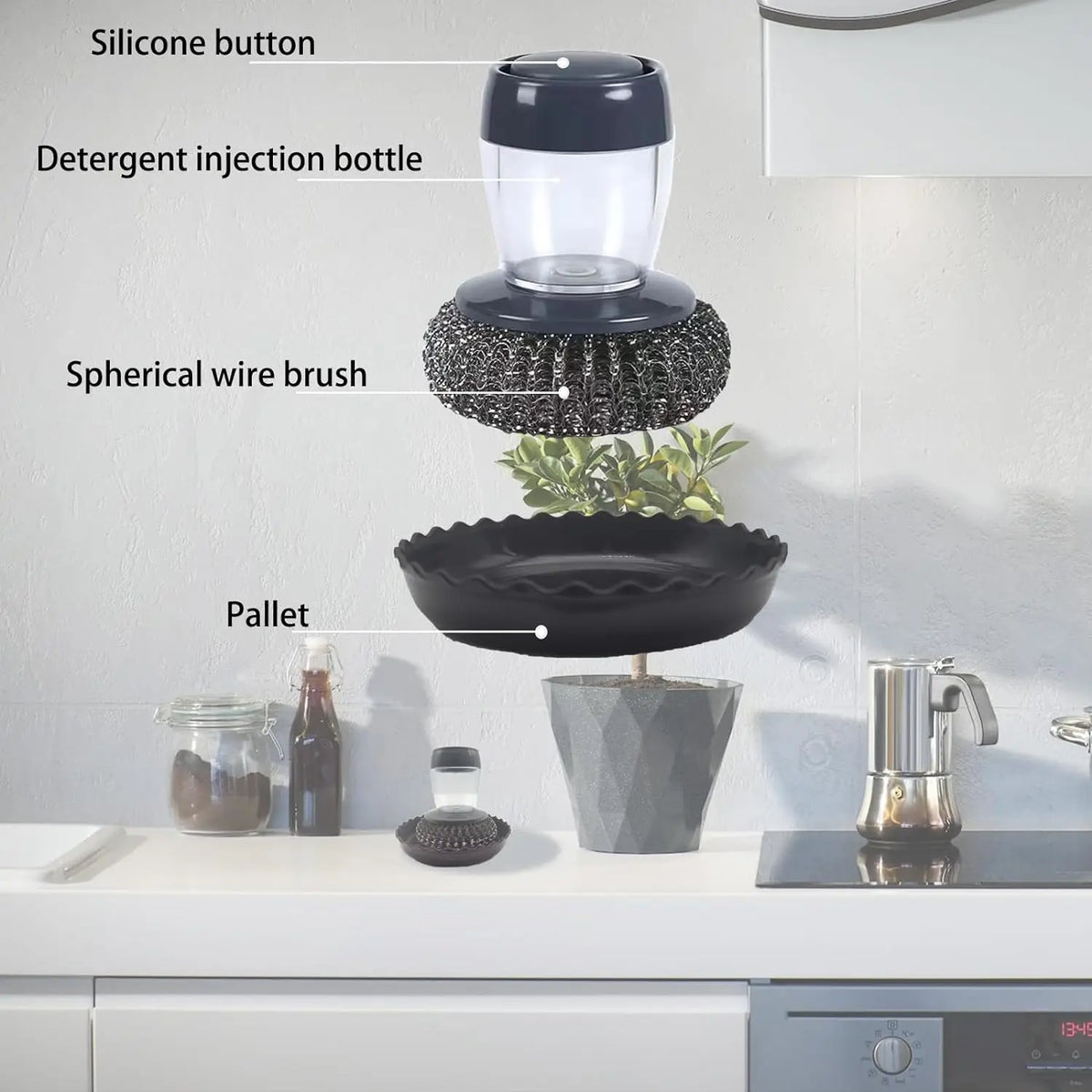 Soap Dispensing Palm Scrubber – Pot & Pan Cleaner with PET Refill Balls