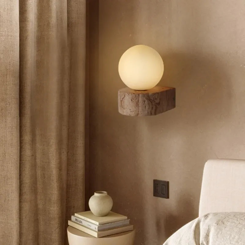 Wabi-Sabi Stone Wall Lamp – Minimalist Bedside Sconce
