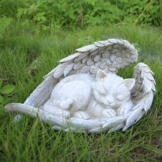 Pet Angel Memorial Statue - Dog & Cat Sleeping in Angel Wings Resin