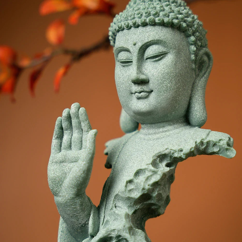 Serene Zen Buddhist Statue Natural Green Sandstone Desktop Decor