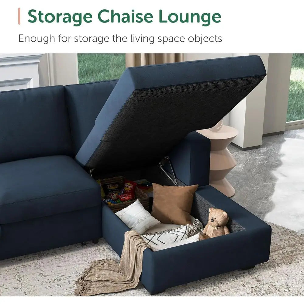 Velvet Blue U-Shaped Sleeper Sofa 6-Seat Sectional with Storage Chaise