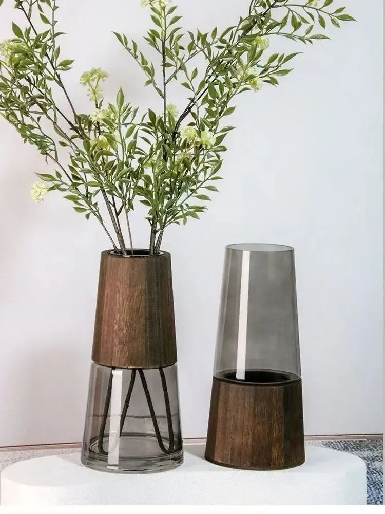 Nordic Glass Vase – Wooden Base Hydroponic Tabletop Decor